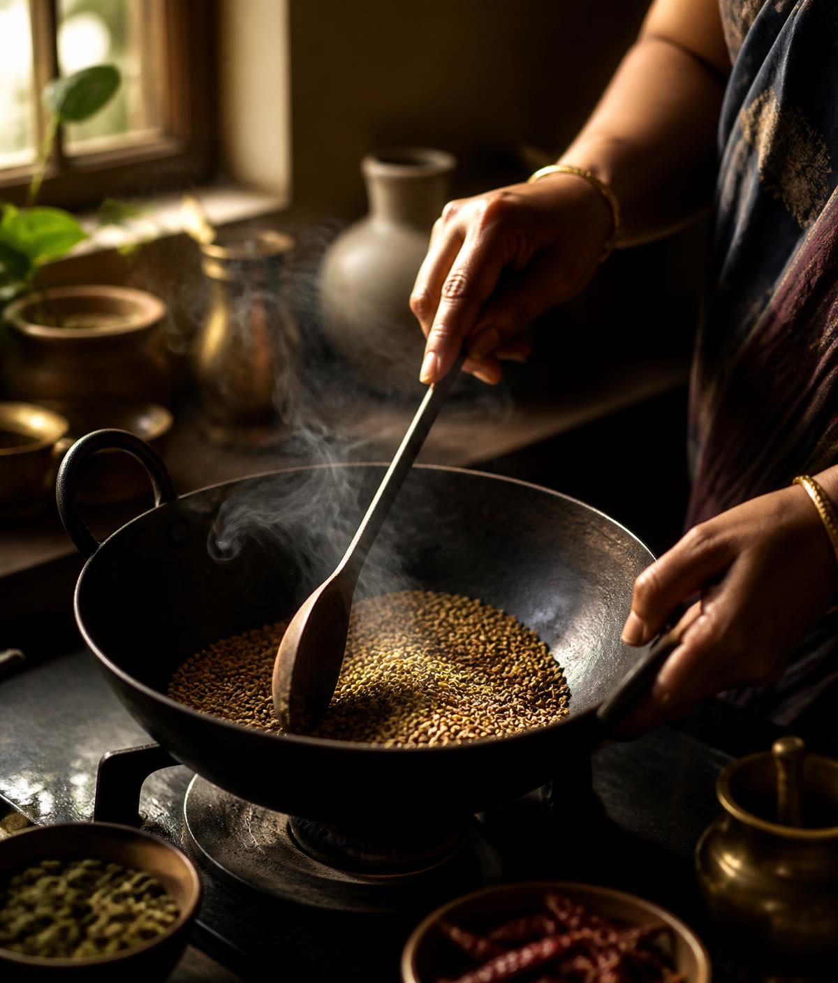 Hands dry roasting whole spices in a traditional pan