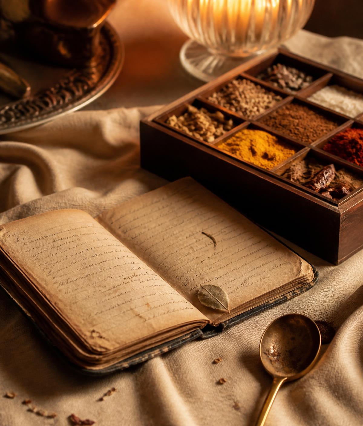 An old handwritten recipe notebook beside a wooden spice box