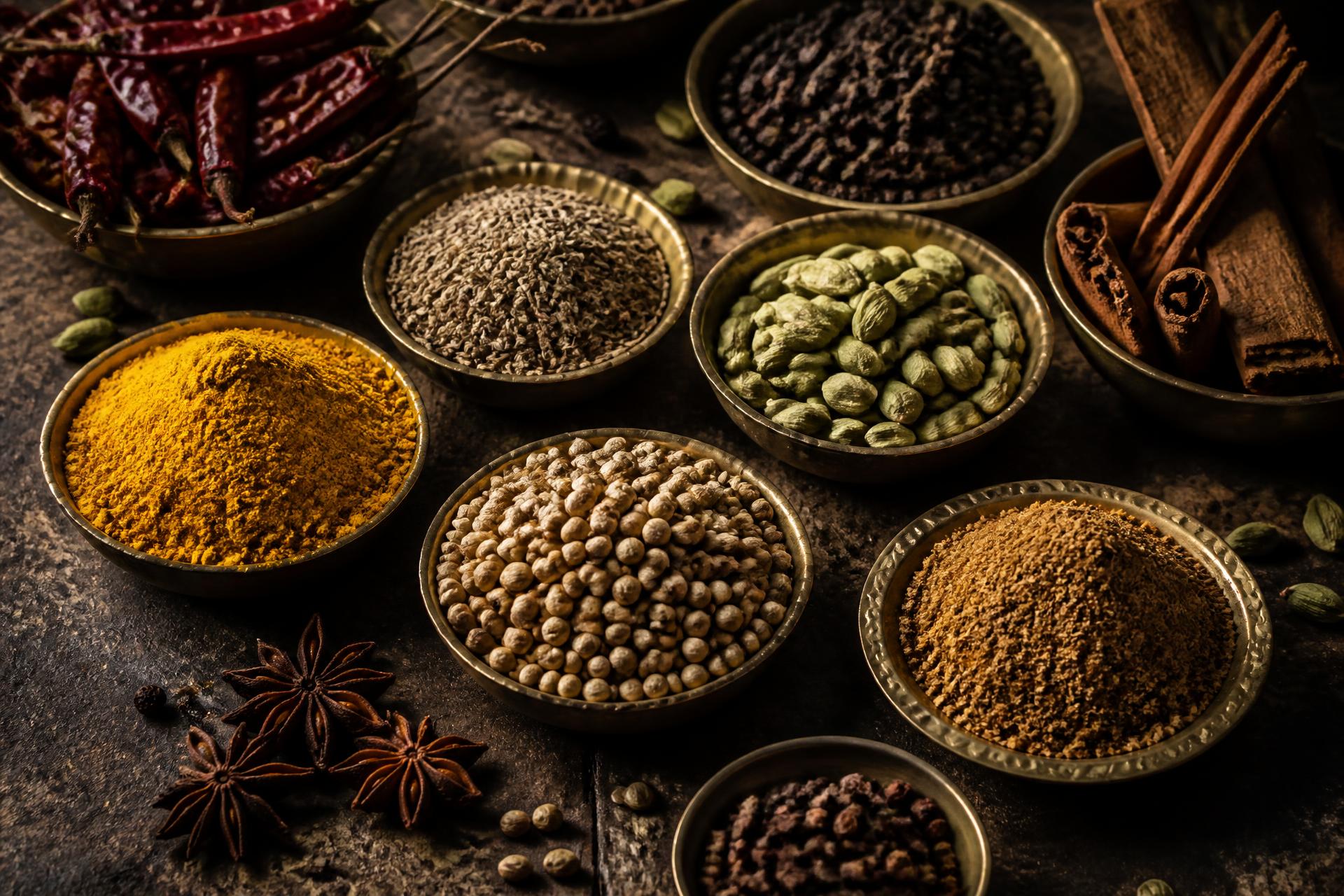 Whole Indian spices and freshly ground masala in brass bowls
